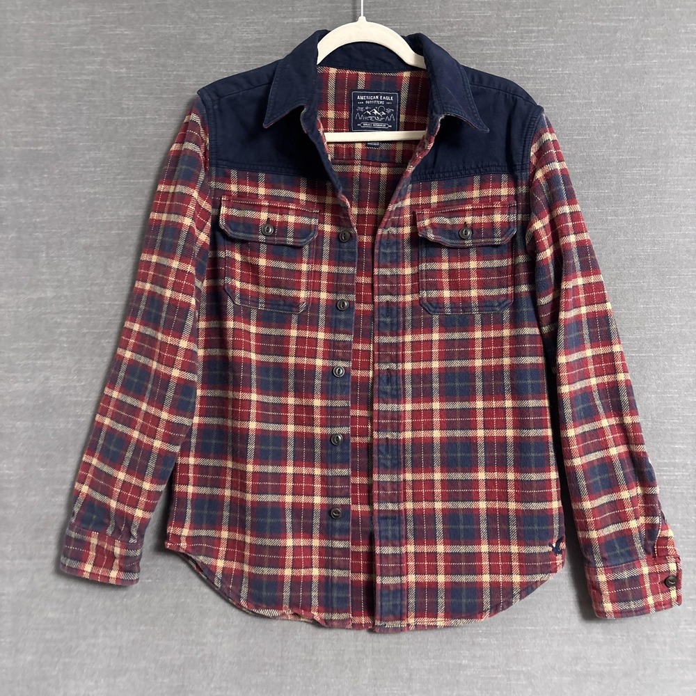 Vintage American Eagle Shirt Small Red Navy Plaid‎ Heavy Flannel Button Fall